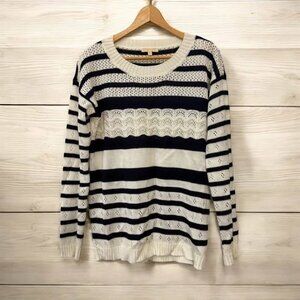 Pretty Women’s Skies are Blue Ivory and Navy Striped Open Crochet Sweater Size L